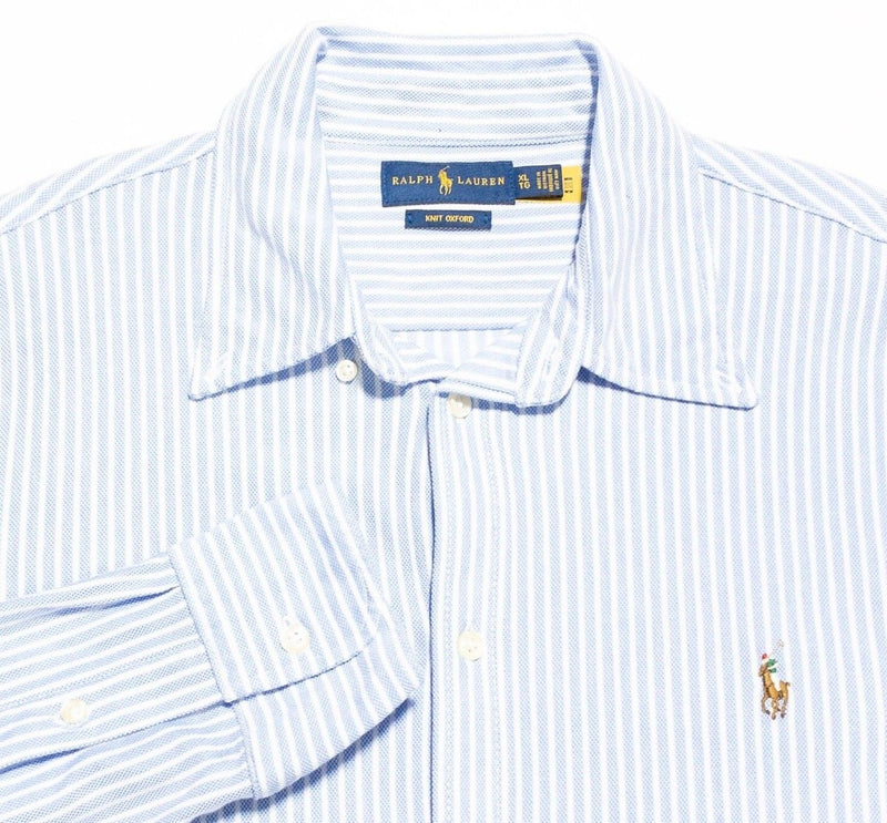 Polo Ralph Lauren Knit Oxford Shirt Men's XL White Blue Striped Long Sleeve