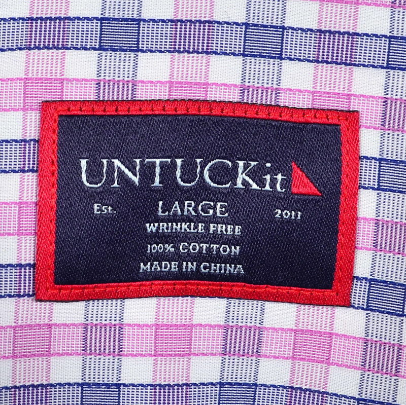 UNTUCKit Men's Large Wrinkle Free Pink Blue Plaid Check Button-Front Shirt