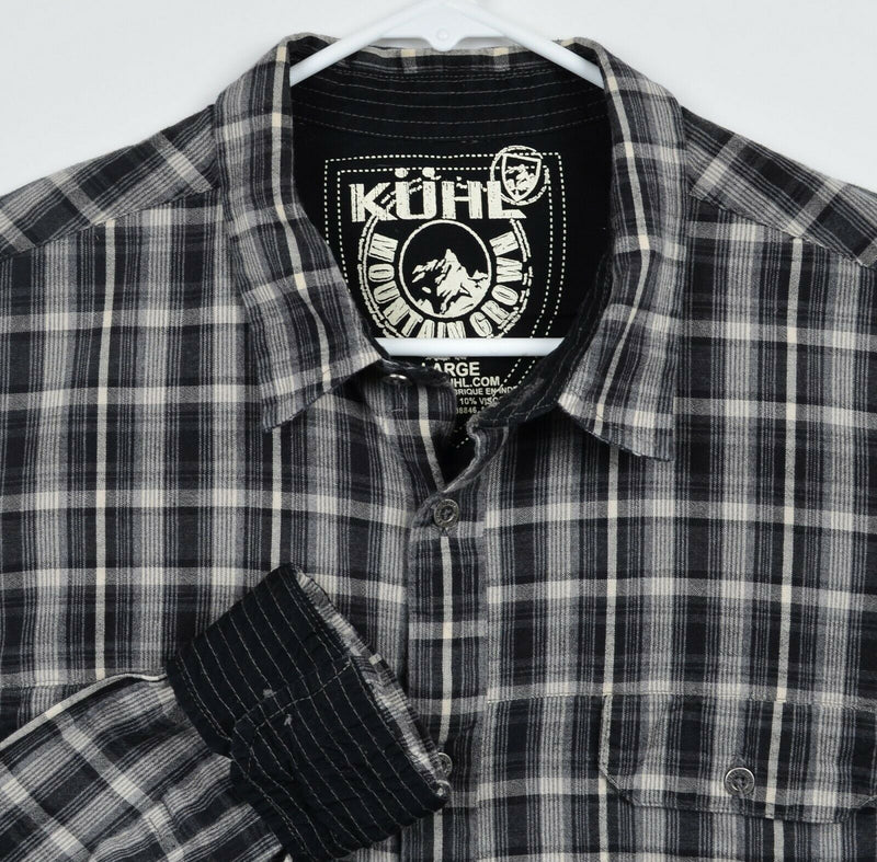 Kuhl Men's Large Gray Black Plaid Flip Cuff Metal Buttons Hiking Flannel Shirt