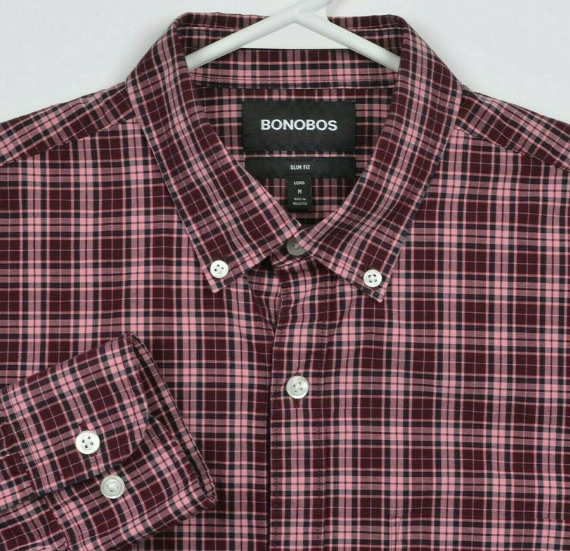 Bonobos Men's Medium Slim Fit Maroon Red Pink Plaid Casual Button-Down Shirt