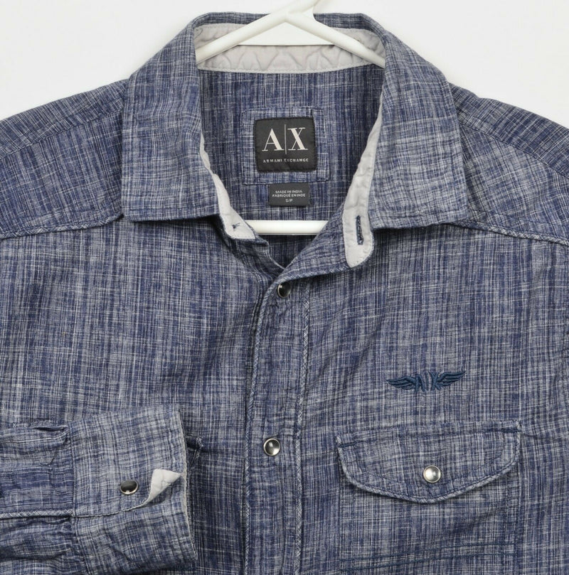 Armani Exchange Men's Small Pearl Snap Logo Blue Designer Long Sleeve Shirt