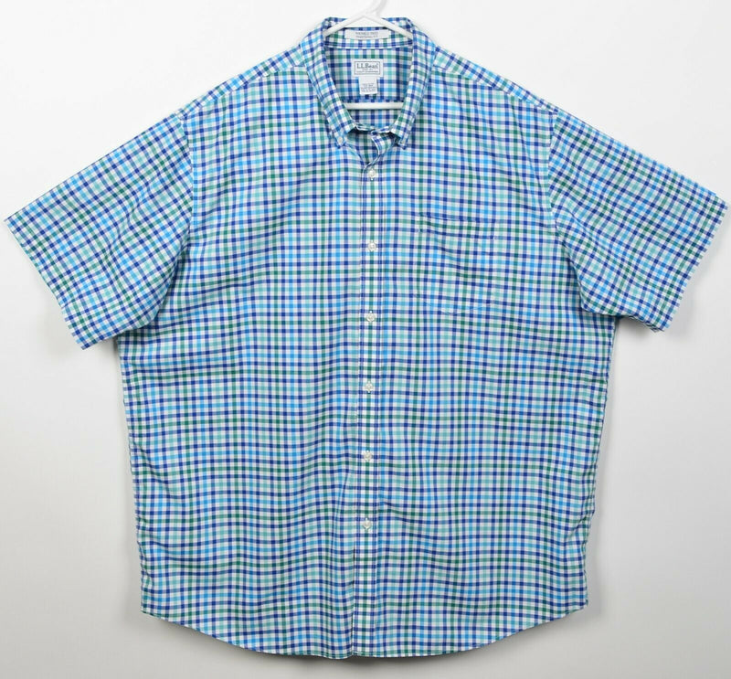 L.L Bean Men's 2XL Blue Green Check Wrinkle-Free Kennebunk S/S Button-Down Shirt