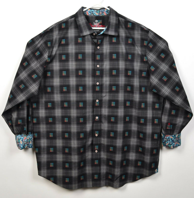 Robert Graham Men's 2XLT Flip Cuff Paisley Black Plaid Button-Front Shirt
