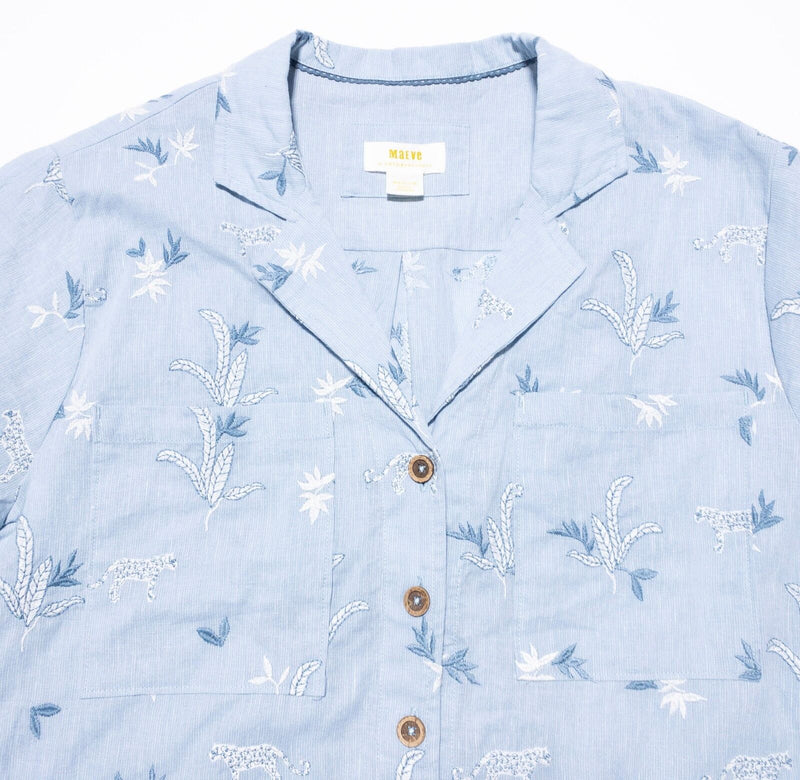 Maeve Anthropologie Shirt Womens Medium Linen Blend Blue Floral Embroidered Camp