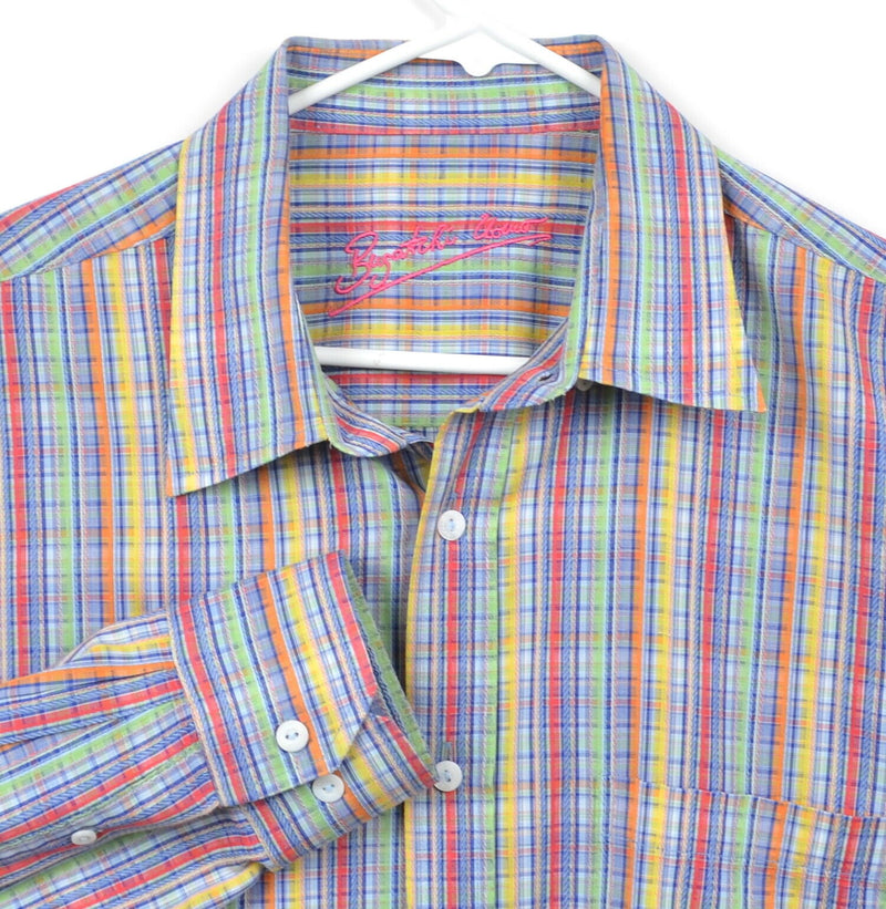 Bugatchi Uomo Men's Sz XL Multi-Color Plaid Red Yellow Green Button-Front Shirt