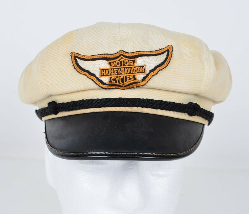 Vtg Harley-Davidson Men's Medium Captain’s Motorcycle White Wool Leather Hat