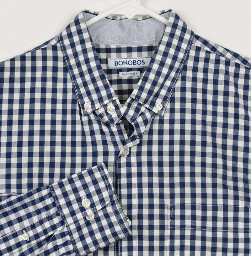 Bonobos Men's Sz Large Navy Blue Gingham Check Plaid Button-Down USA Made Shirt