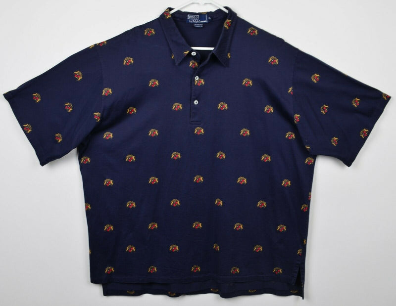 Polo Ralph Lauren Men's XL Crest Logo Horse King Patterned Navy Blue Polo Shirt