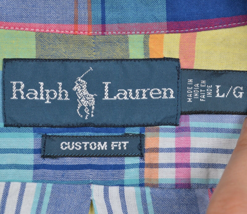 Polo Ralph Lauren Men's Large Blue Yellow Plaid Indian Madras Button-Front Shirt