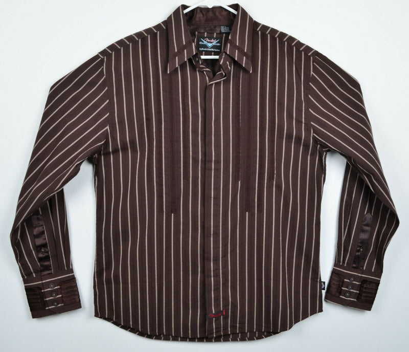 Fender Men's Sz Large Embroidered Brown Striped Rock & Roll Rockabilly Shirt