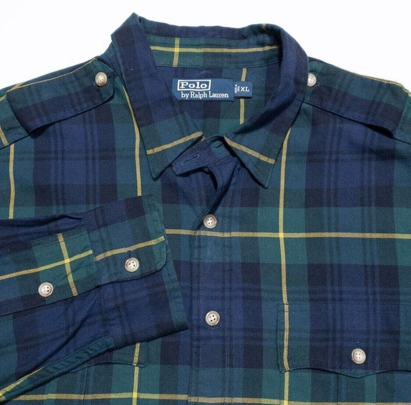 Polo Ralph Lauren Shirt XL Men's Green Tartan Plaid Safari Epaulets Long Sleeve