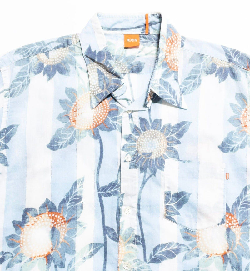 Hugo Boss Floral Shirt Men's Large Hawaiian Aloha Sunflower Stripe Button-Up