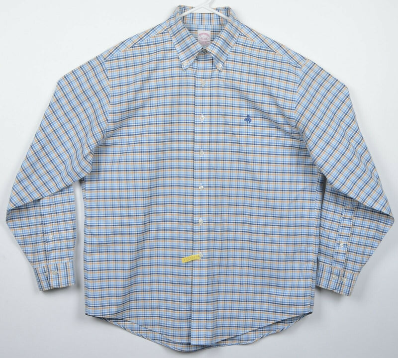 Brooks Brothers Men's Large Blue Yellow Check Non-Iron Logo Button-Down Shirt