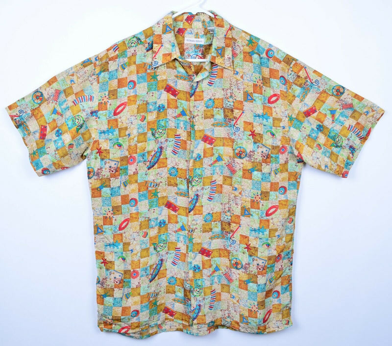 Vtg Burma Bibas Men's Sz Medium 100% Silk Multicolor Puzzle Style Camp Shirt
