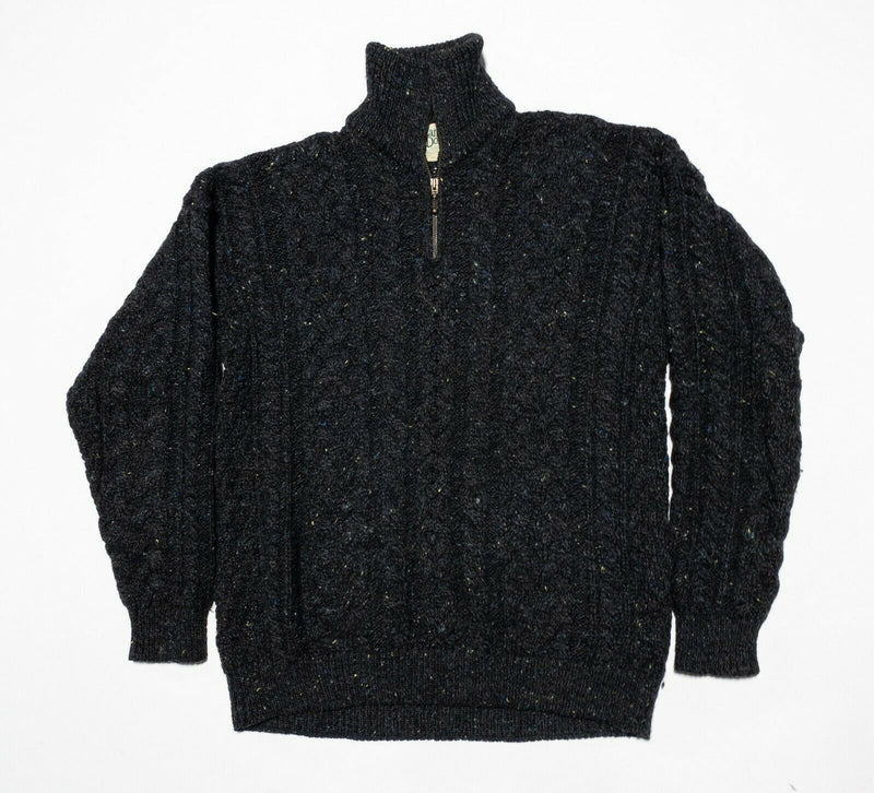 Carraig Donn Adult Medium Cable-Knit 1/4 Zip Gray Speckled Irish Aran Sweater