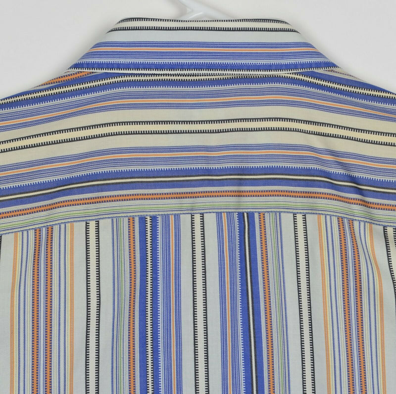 Robert Graham Men's Large Flip Cuff Blue Orange Stripe Paisley Casual Shirt