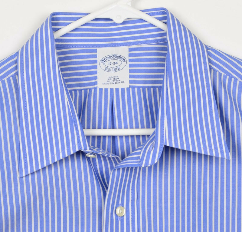 Brooks Brothers Men's 17-34 Slim Non-Iron Blue Striped Long Sleeve Dress Shirt