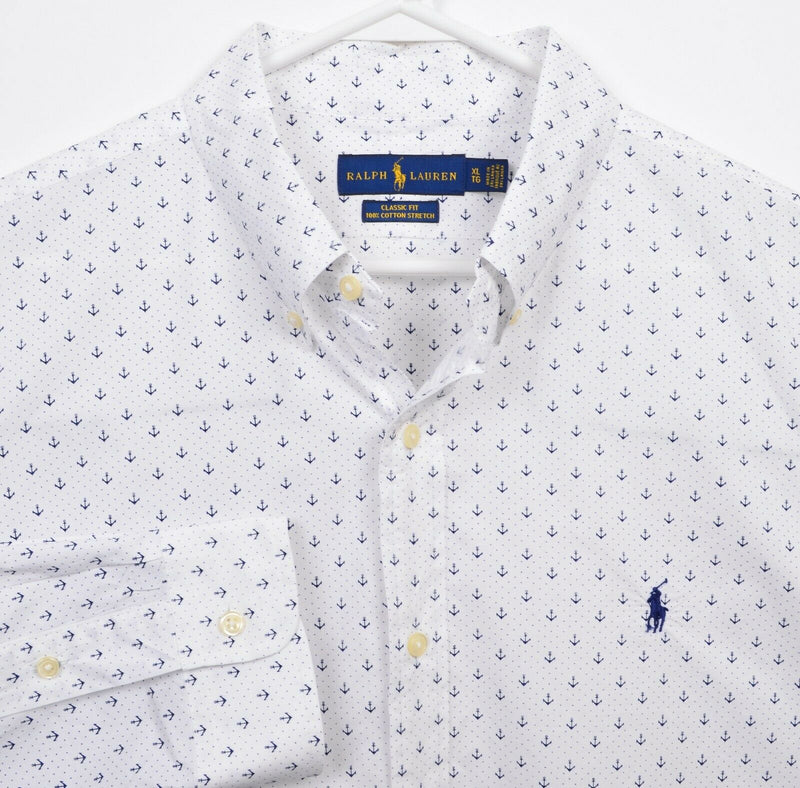 Polo Ralph Lauren Men's XL Anchor Pattern White Blue Stretch Button-Down Shirt