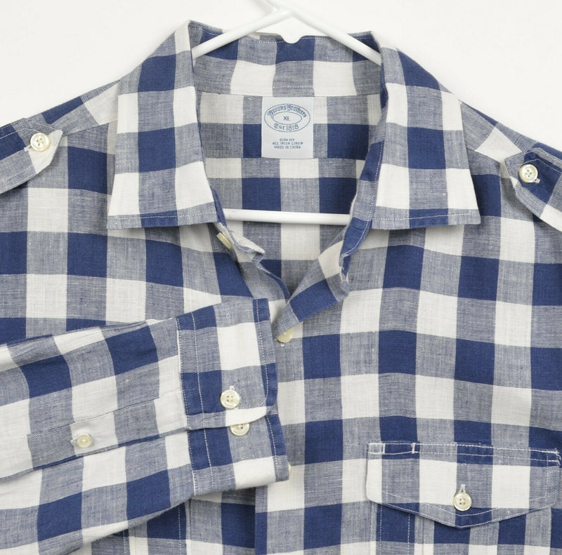 Brooks Brothers Men's Sz XL Slim Irish Linen Navy Blue White Plaid Check Shirt