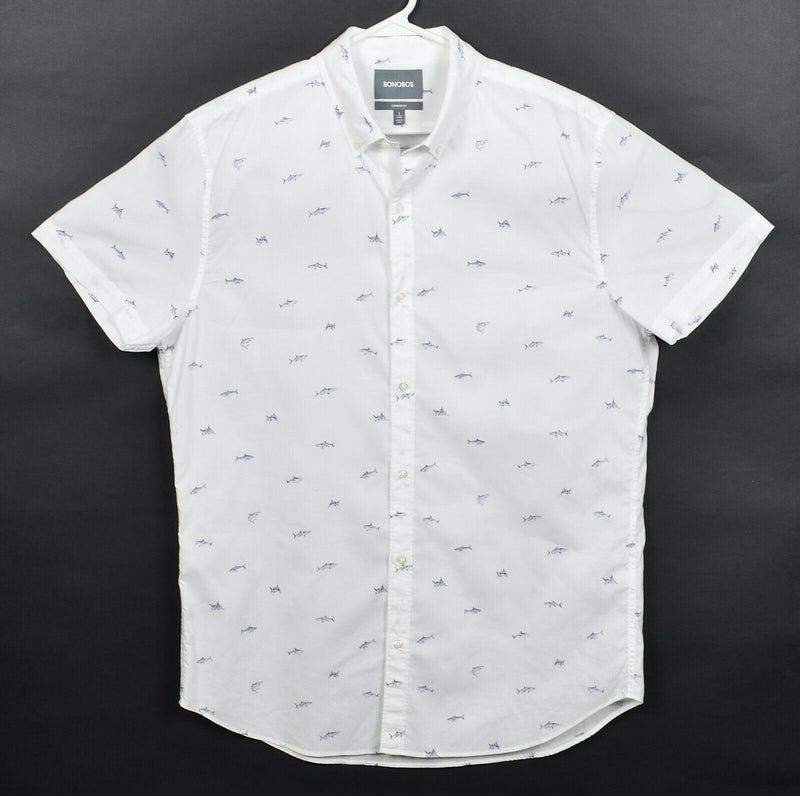 Bonobos Men's Large Long Shark Pattern White Short Sleeve Button-Down Shirt