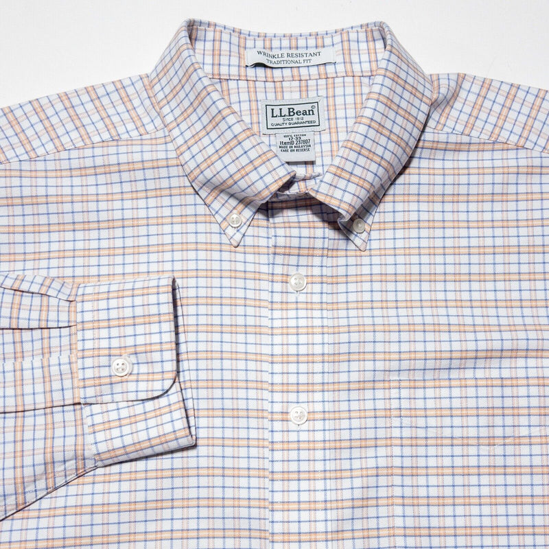 L.L.Bean Men's 17-33 Wrinkle-Free Classic Oxford Cloth Shirt White Orange Plaid