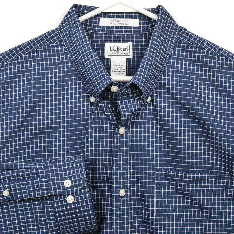 L.L. Bean Men's XL Wrinkle-Free Navy Blue Check Long Sleeve Button-Down Shirt