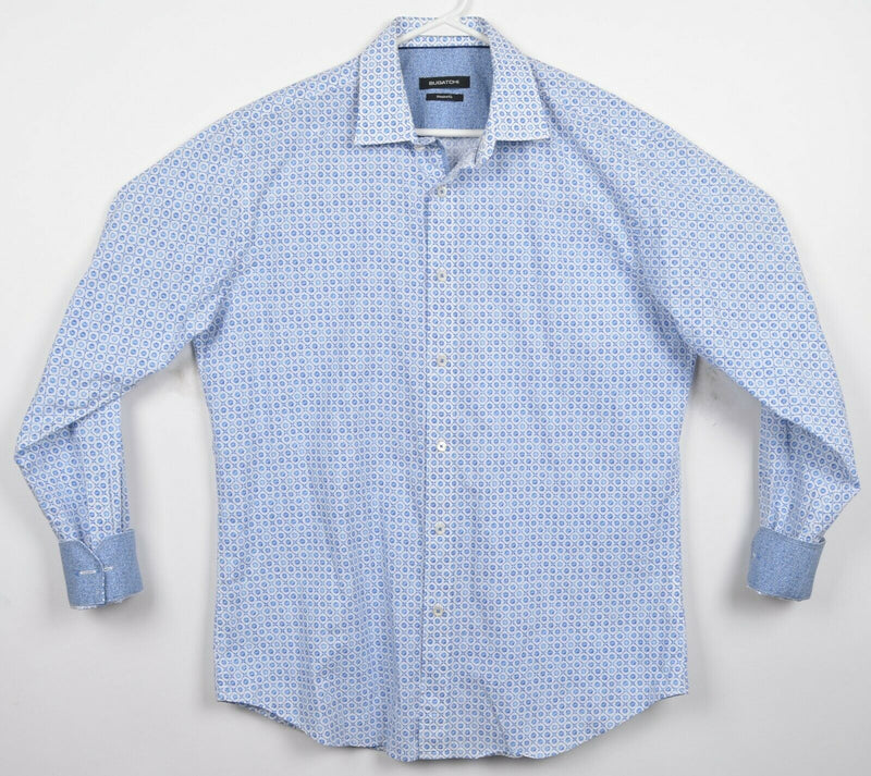 Bugatchi Men's Large Shaped Fit Flip Cuff Blue Geometric Designer Shirt
