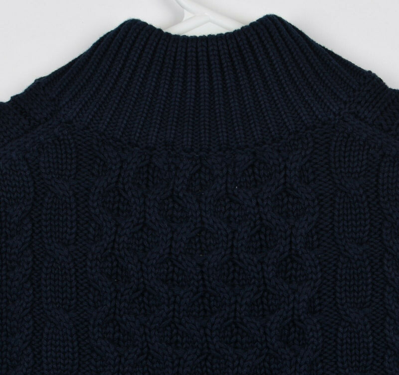 LL Bean Men's Medium Cable-Knit Navy Blue Henley Collar Fisherman Sweater