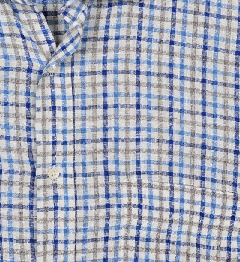 J. McLaughlin Men's Sz Large 100% Linen Blue Gray Plaid Check Long Sleeve Shirt