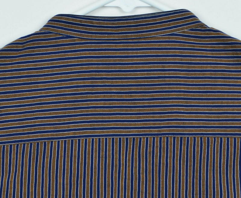 The Kooples Fitted Men's Large Cotton Linen Band Collar Blue Gold Striped Shirt