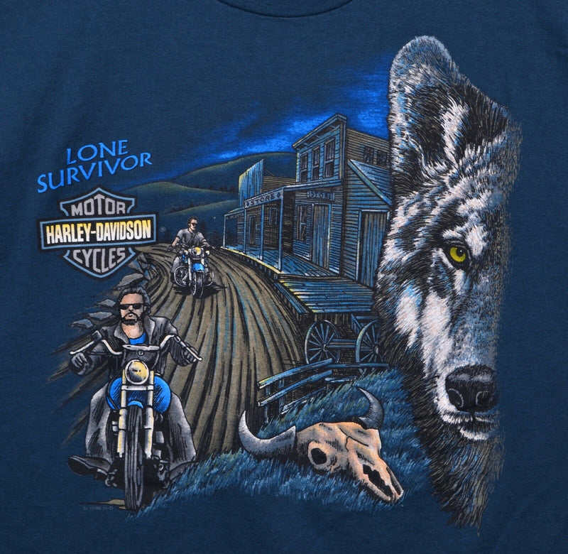 Vtg 1996 Harley-Davidson Men's Sz XL Lone Survivor Wolf Blue Biker T-Shirt