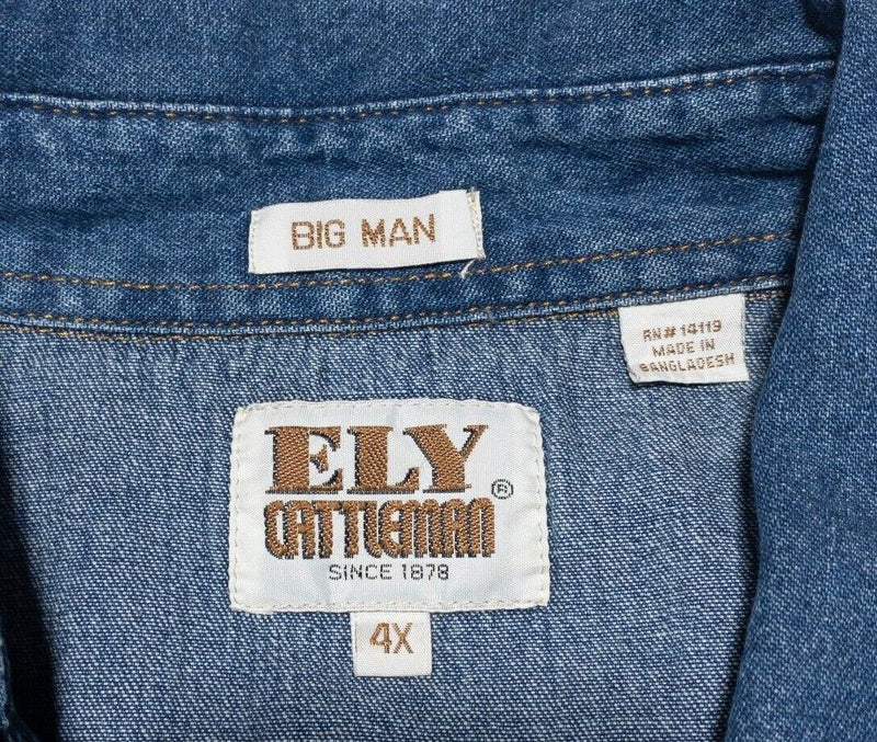 Ely Cattleman Pearl Snap Shirt 4XL Big Mens Denim Western Long Sleeve 4X Big Man