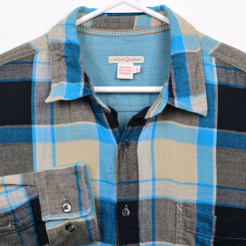 Carbon 2 Cobalt Men's Large Blue Gray Cream Yellow Plaid Button-Front Shirt