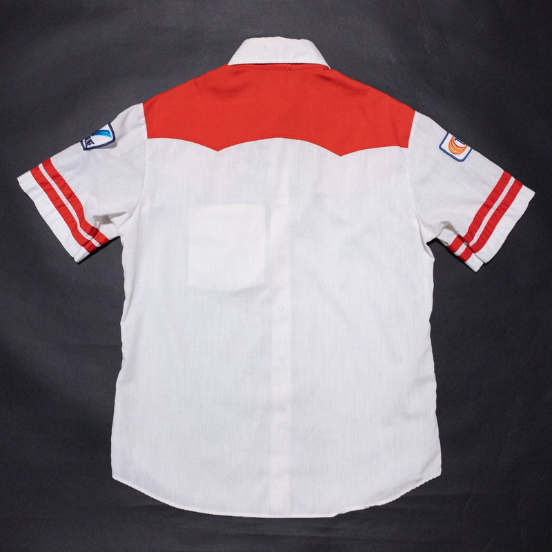 Vintage 70s Pearl Snap Shirt Men's Large Rockabilly Patches White Red Watkins