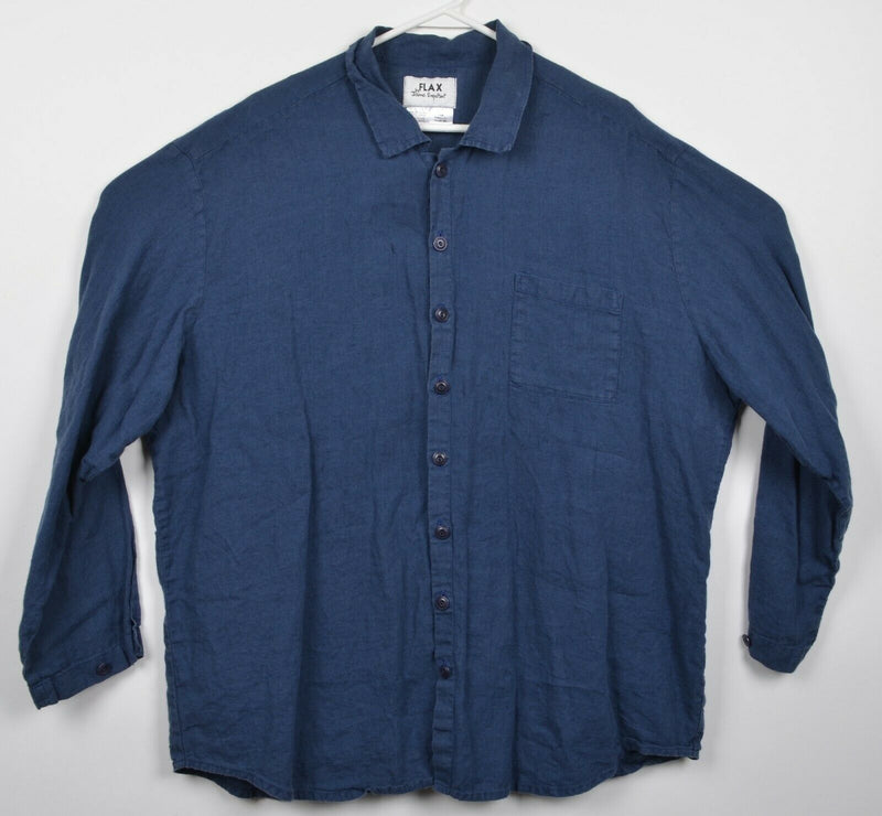 Flax Jeanne Engelhart Men's Large 100% Linen Solid Navy Blue Button-Front Shirt
