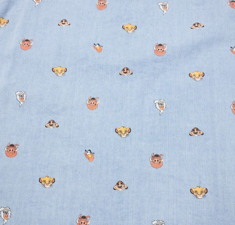 Disney Lion King Shirt Men's Medium Button-Up Nala Pumbaa Print Blue Chambray