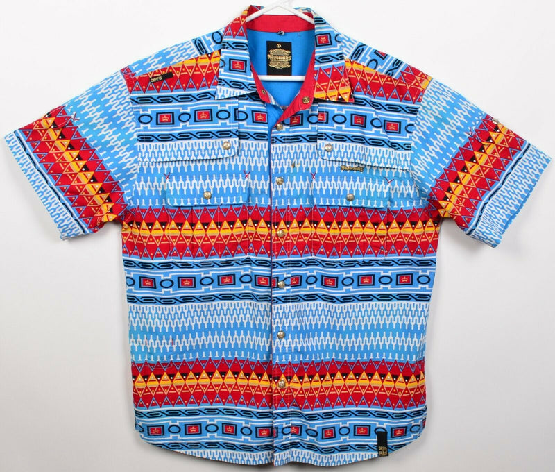 Akademiks Men's Large Snap-Front Geometric Blue Red 90s Hip Hop Shirt