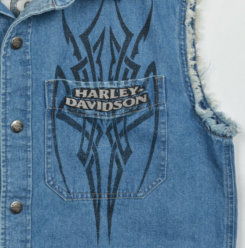 Harley-Davidson Men's Small Denim Blue Snap-Front Tribal Cutoff Biker Vest