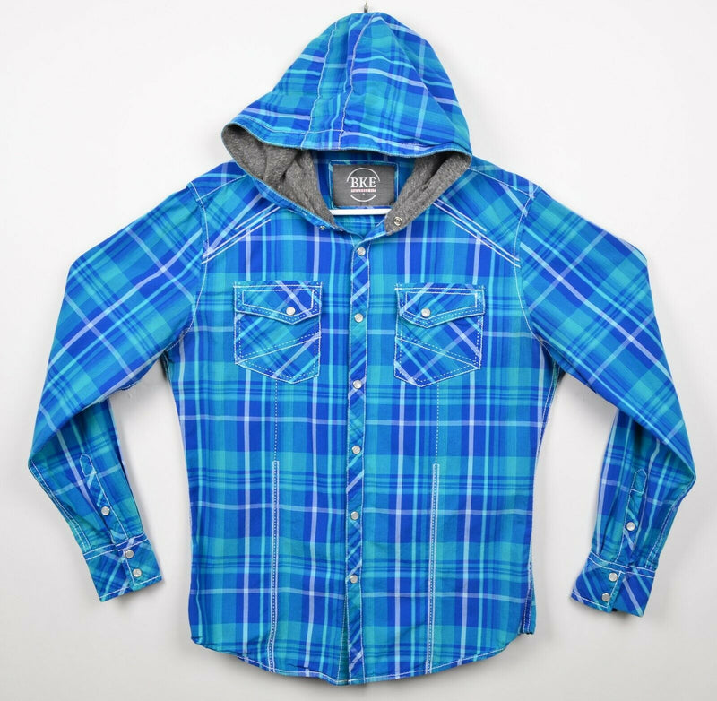 BKE Men's Sz Medium Tailored Fit Pearl Snap Blue Plaid Western Hoodie Shirt