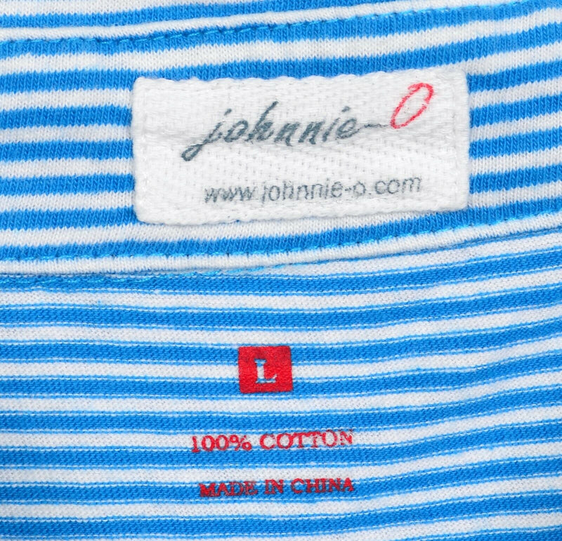 Johnnie-O Men's Large Blue White Striped Surfer Logo Preppy Pocket Polo Shirt