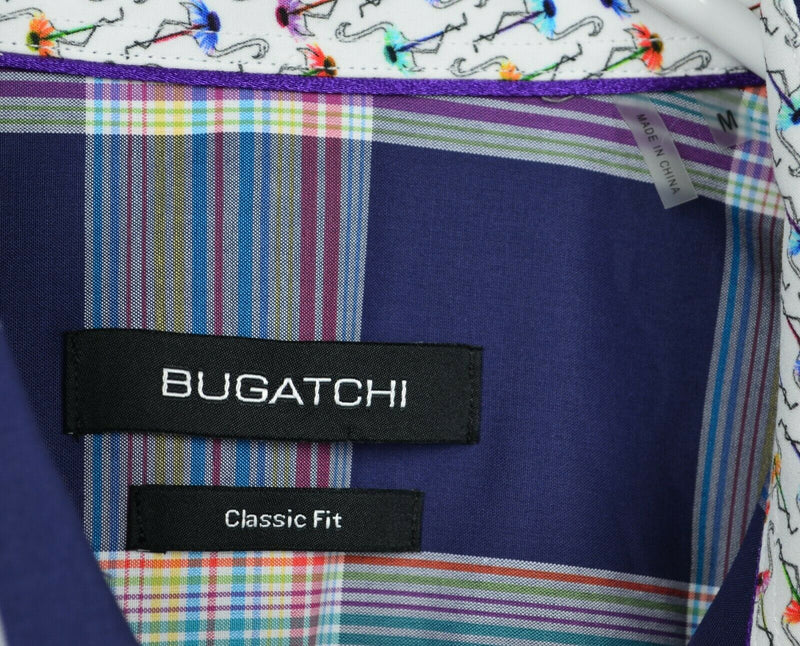 Bugatchi Men's Sz Medium Classic Fit Navy Plaid Flamingo Flip Cuff Button Shirt