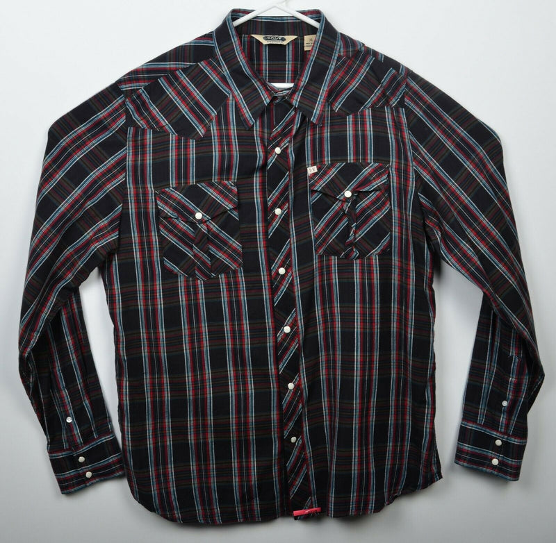 Salt Valley Western Men's XL Pearl Snap Black Red Plaid Western Rockabilly Shirt