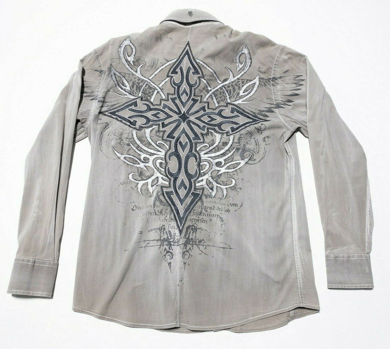 Roar Buckle Tribal Cross Embroidered Shirt Gray Distressed Men's Medium