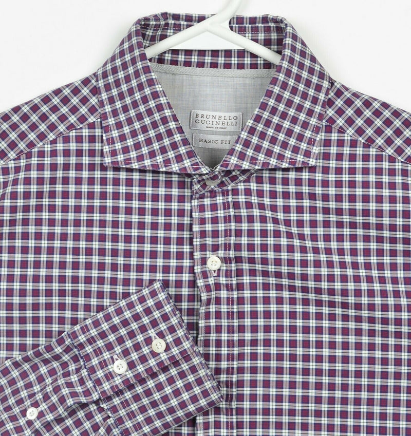 Brunello Cucinelli Men's XL Basic Fit Purple Plaid Italy Button-Front Shirt