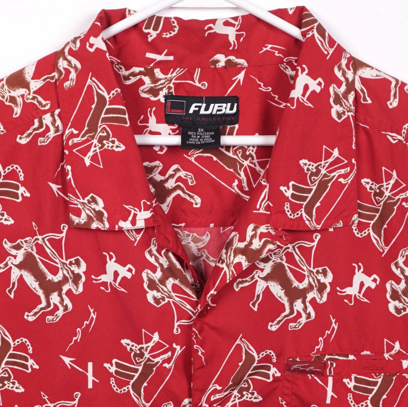 FUBU Men's 3XL Centaur Horse Red Graphic Print Polyester Hawaiian 90s Camp Shirt