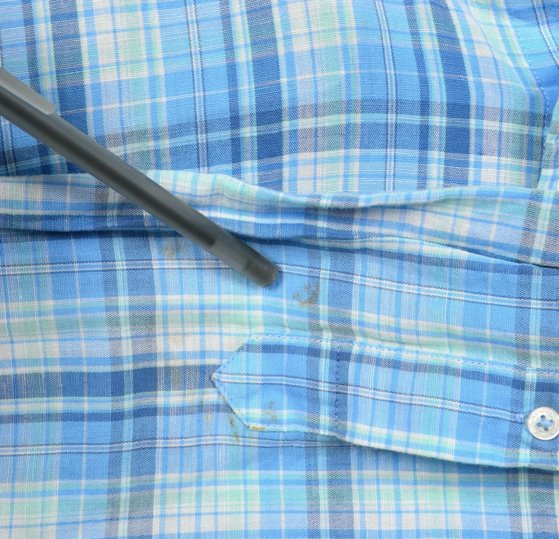 Southern Tide Men's Large Classic Fit Linen Blend Blue Plaid Button-Down Shirt