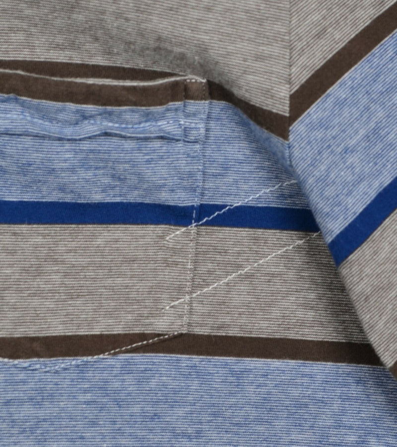 Billy Reid Men's Sz Large Blue Brown Striped Soft Pocket Polo Shirt
