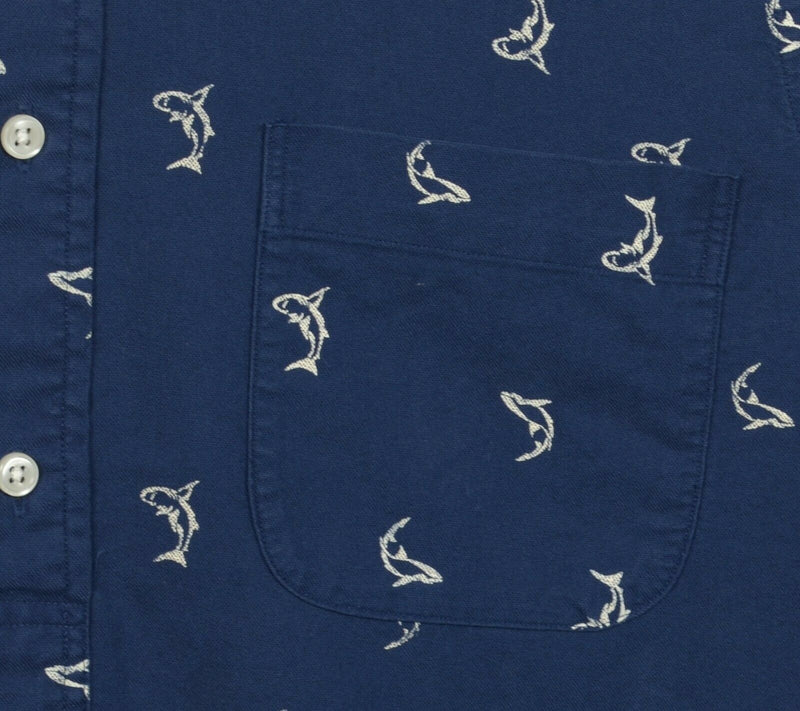 Polo Ralph Lauren Men's Medium Shark Pattern Fish Navy Blue Button-Down Shirt
