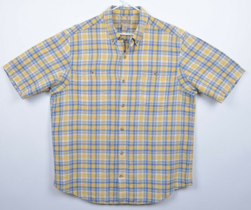 Duluth Trading Co Men's Sz Large Hemp Yellow Blue Plaid Button-Front Shirt
