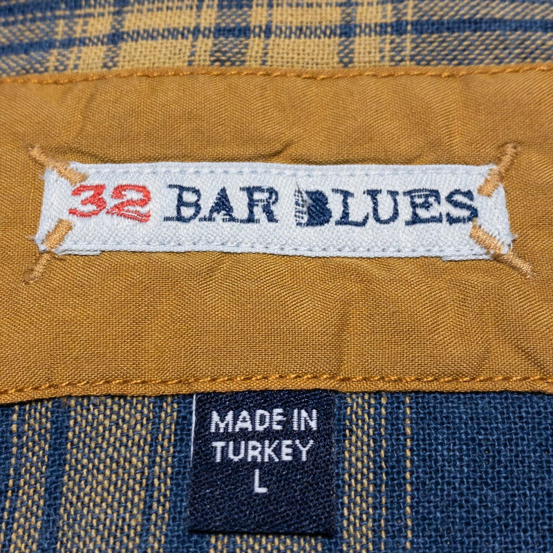 32 Bar Blues Shirt Men's Large Button-Down Blue Plaid Distressed Long Sleeve